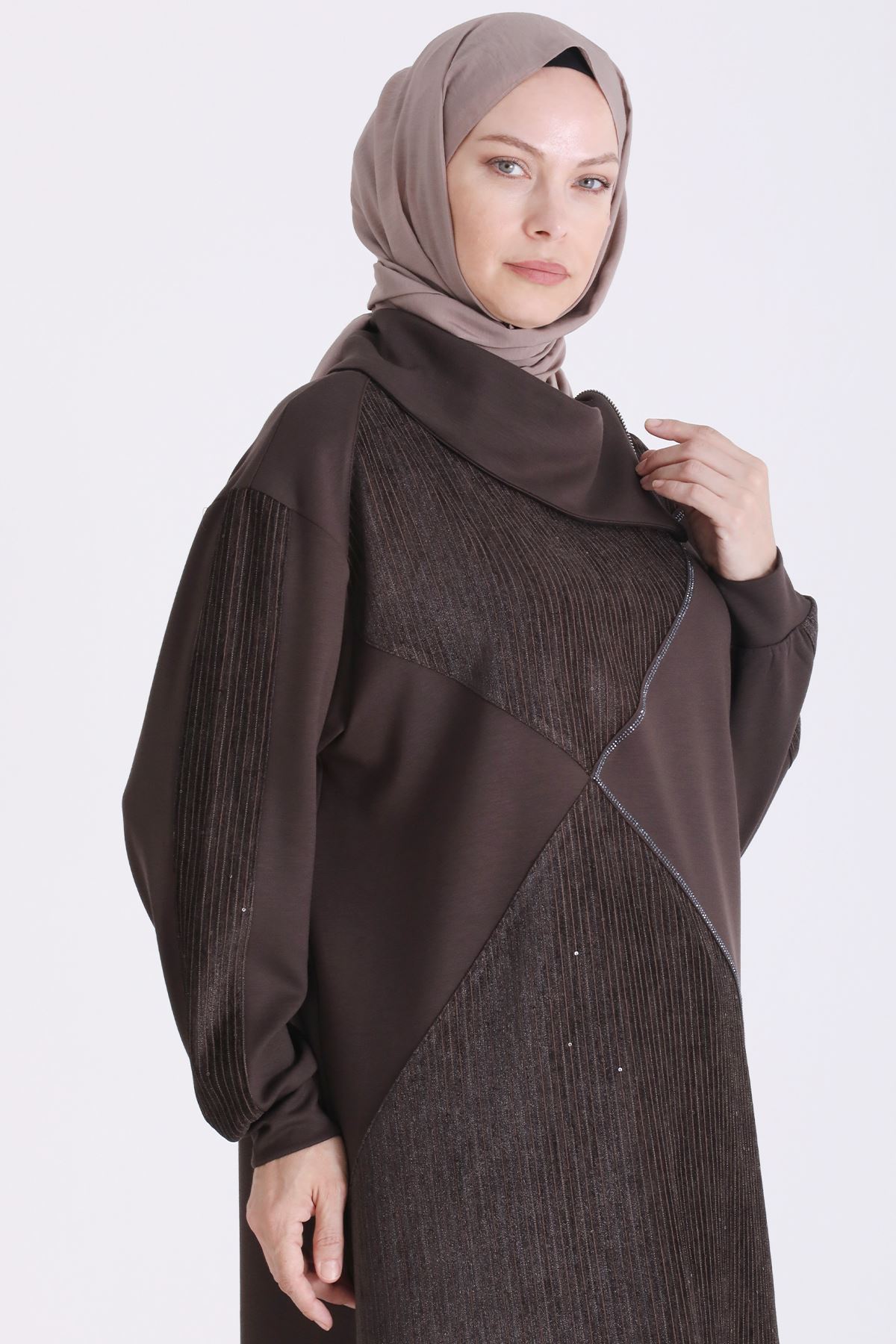 Behrem Kadife Detaylı Tunik-LYN04734 Kahve
