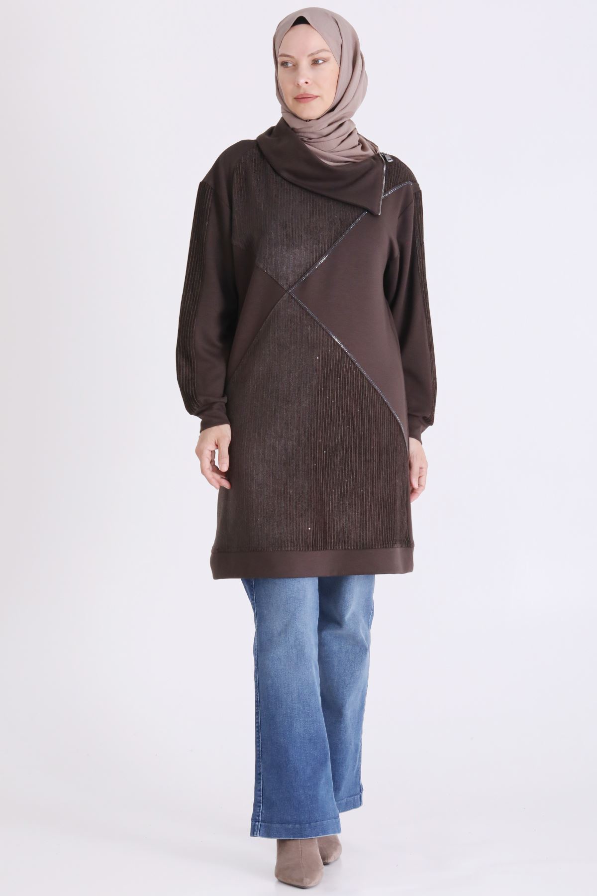 Behrem Kadife Detaylı Tunik-LYN04734 Kahve