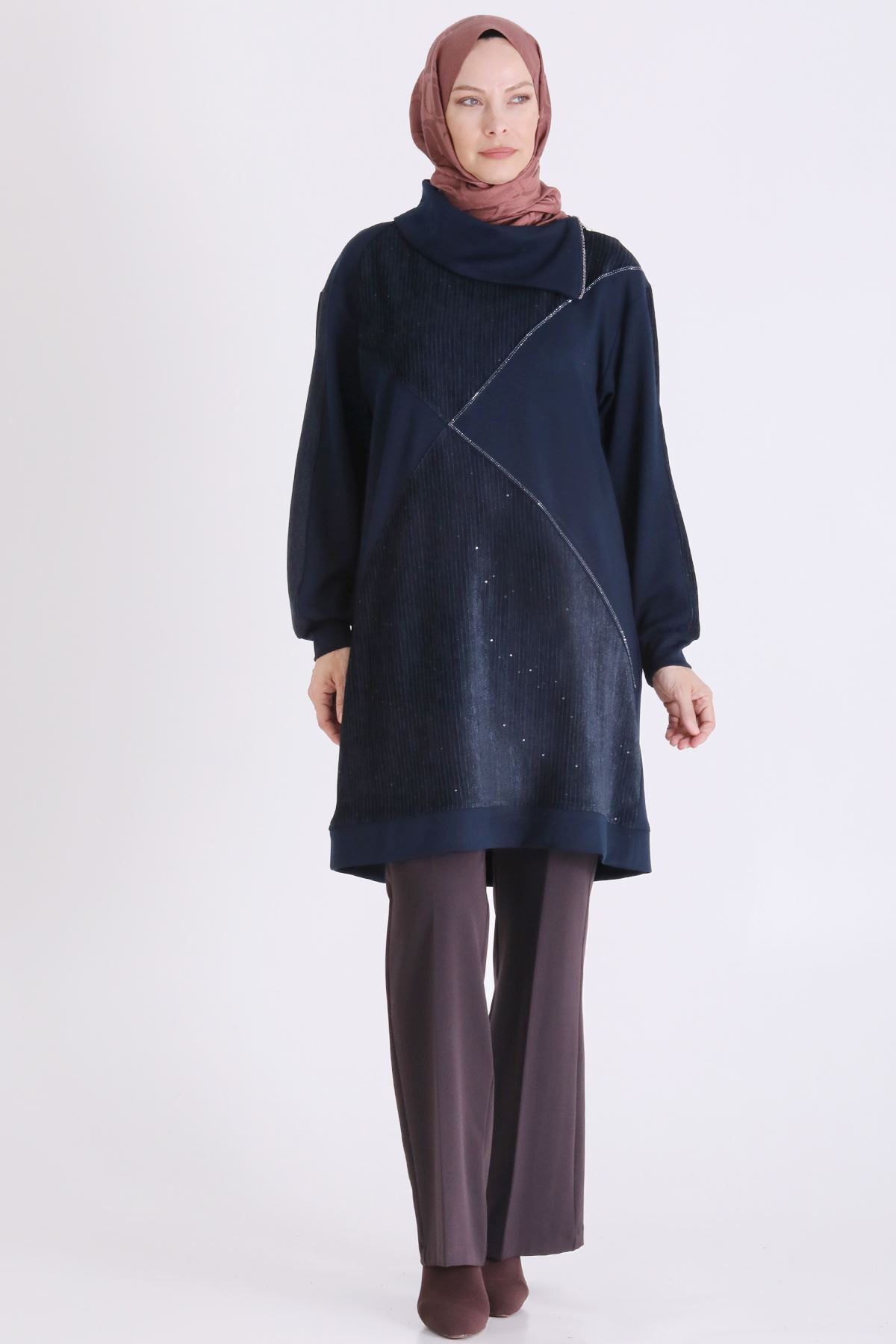 Behrem Kadife Detaylı Tunik-LYN04734 Lacivert
