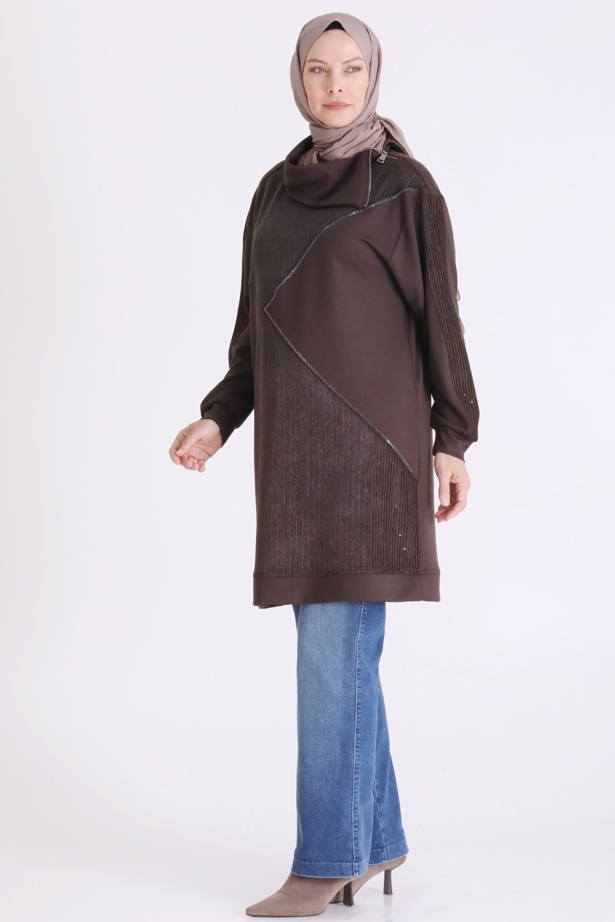 Behrem Kadife Detaylı Tunik-LYN04734 Kahve