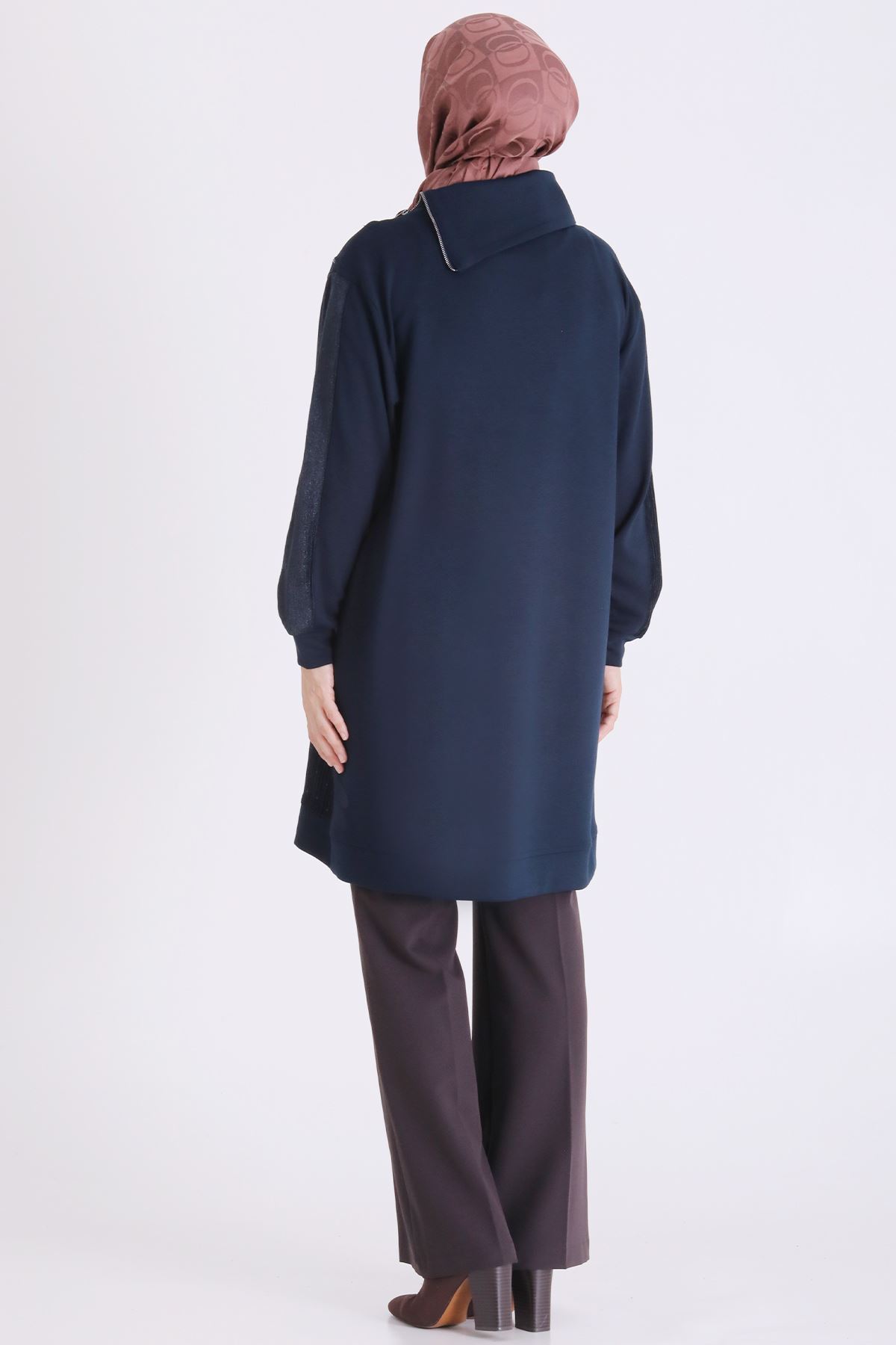 Behrem Kadife Detaylı Tunik-LYN04734 Lacivert