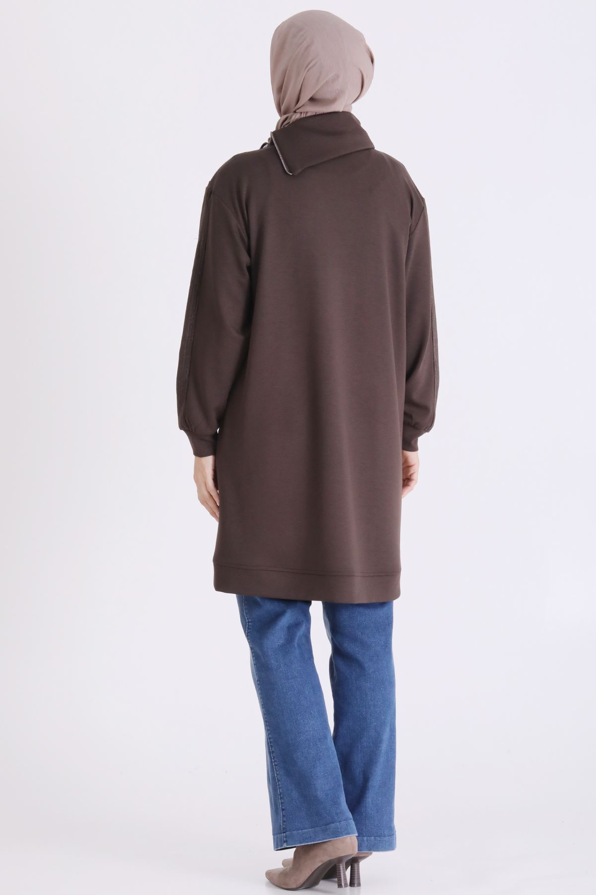 Behrem Kadife Detaylı Tunik-LYN04734 Kahve