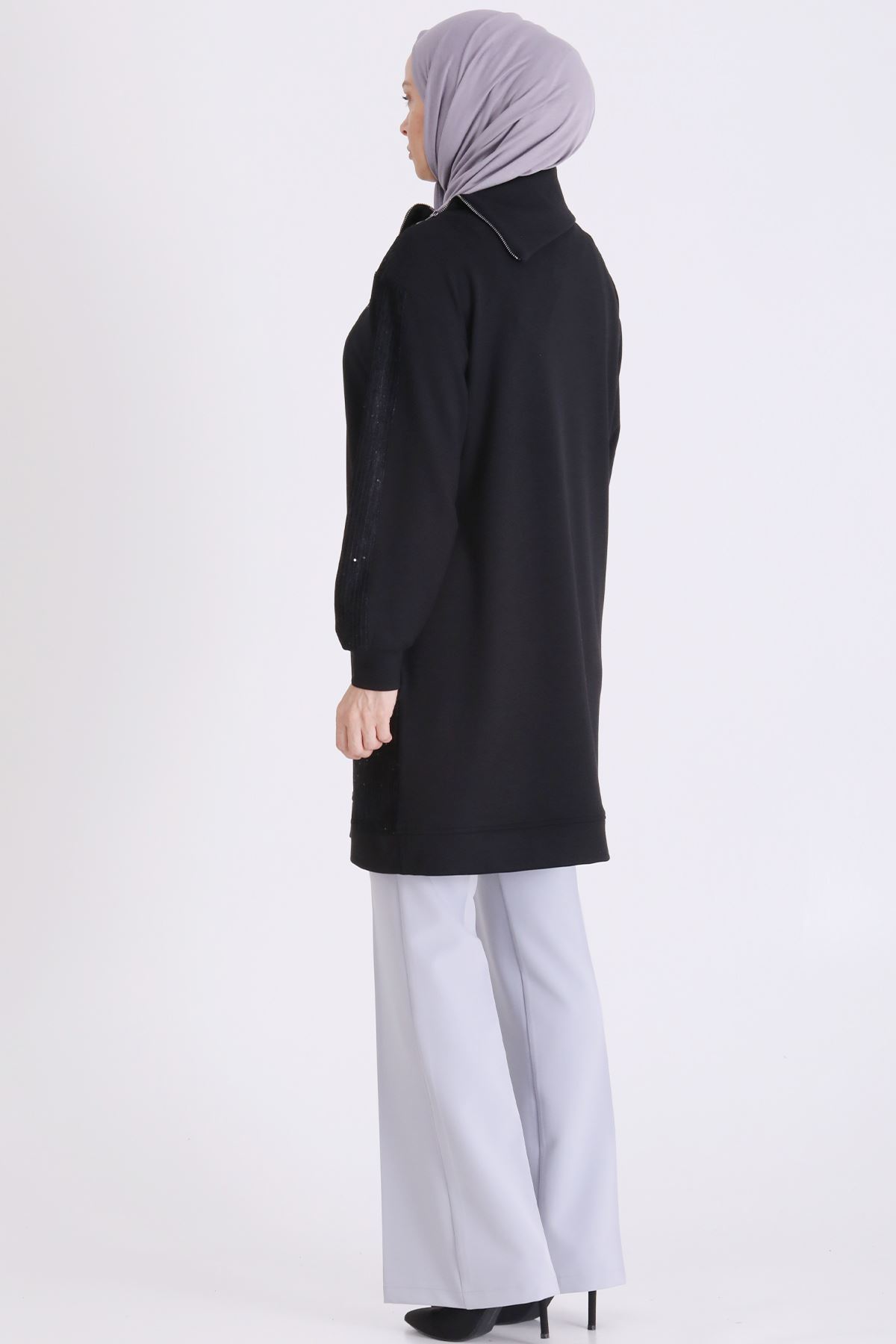 Behrem Kadife Detaylı Tunik-LYN04734 Siyah