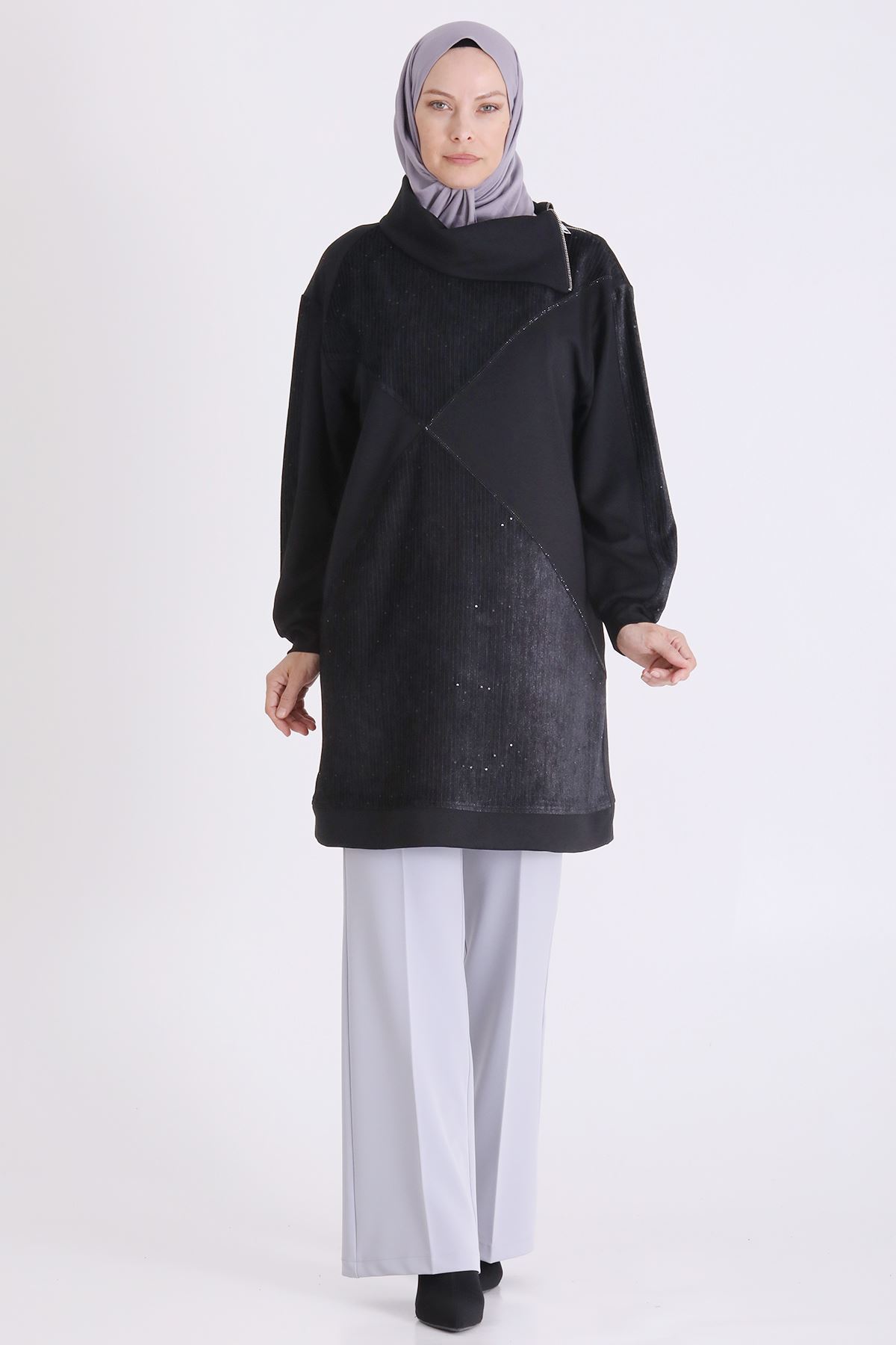 Behrem Kadife Detaylı Tunik-LYN04734 Siyah