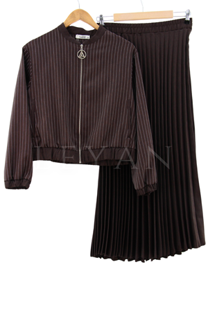 Armine Trend Çizgili Etekli Takım- LYN03538 Kahverengi