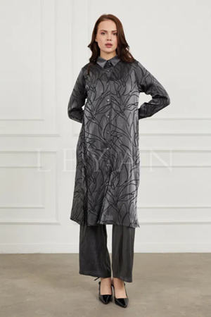 Orhan Store Desenli Saten Takım- LYN03430 Siyah
