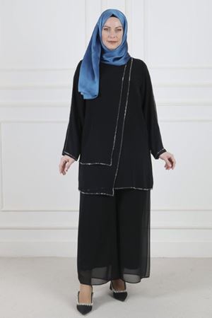 Behrem Asimetrik Taşlı Takım-LYN02541 Siyah