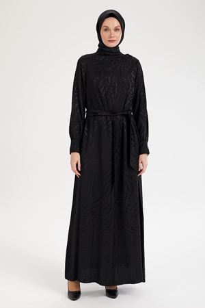 Armine Trend Beli Kuşaklı Dijital Baskılı Elbise- LYN03712 Siyah