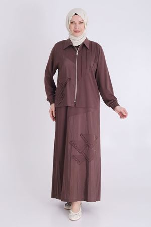 Behrem Taş Detaylı Ceketli Elbise- LYN03734 Kahve