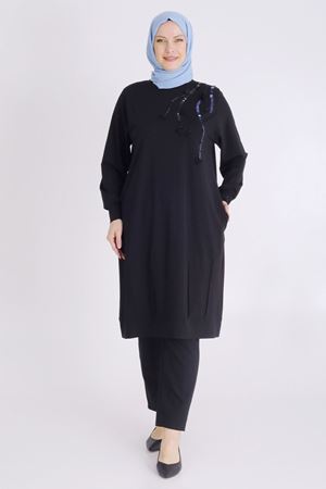 Behrem Payet Ve Çiçek Detaylı Tunik- LYN03747 Siyah