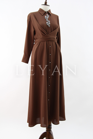 My312 Bağlamalı Taşlı Elbise- LYN03885 Kahve