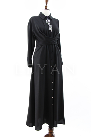 My312 Bağlamalı Taşlı Elbise- LYN03885 Siyah