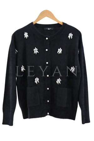 My312 Önü İnci Taşlı Hırka- LYN03926 Siyah