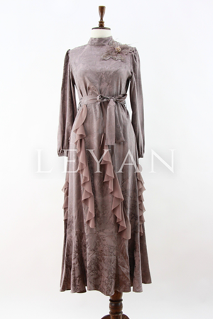 My312 Omzu İşlemeli Elbise- LYN04008 Vizon