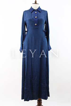 My312 Önü Düğmeli Jakar Elbise- LYN04009 Lacivert