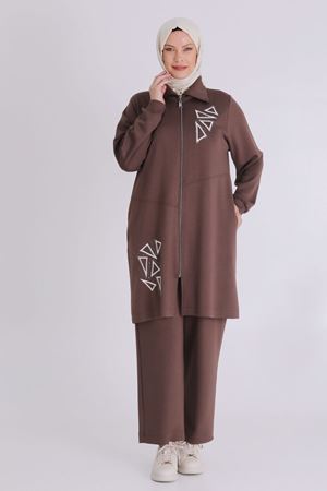 Behrem İşleme Ve Boncuk Detaylı Takım- LYN03920 Kahve