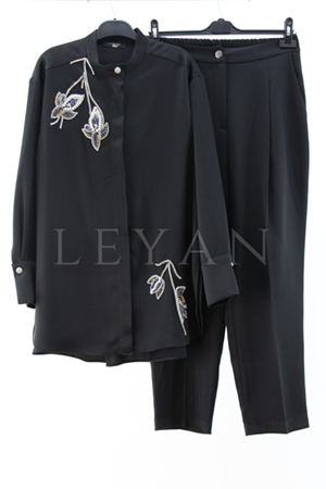 My312 Taş Detaylı Saten Takım- LYN03884 Siyah