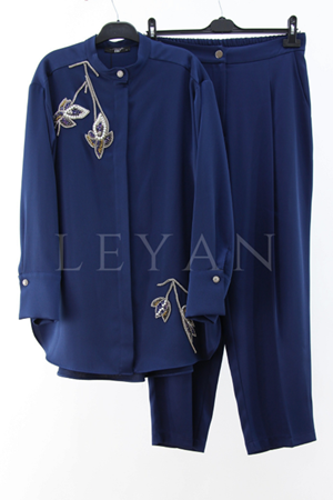 My312 Taş Detaylı Saten Takım- LYN03884 Lacivert