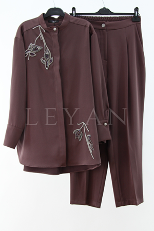 My312 Taş Detaylı Saten Takım- LYN03884 Kahve