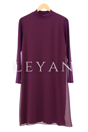 Önü Şifon Detaylı Penye Uzun Kollu İçlik- LYN01369  Mürdüm