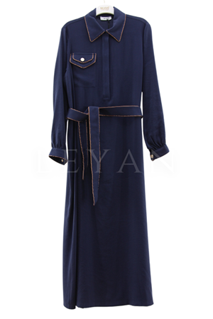 Nuss Bakır Biye Detaylı Elbise- LYN03859 Lacivert