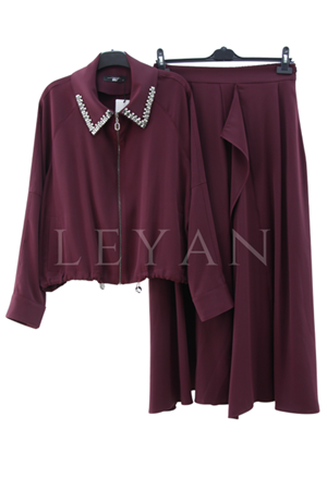 My312 Yakası Taşlı Takım- LYN04058 Bordo