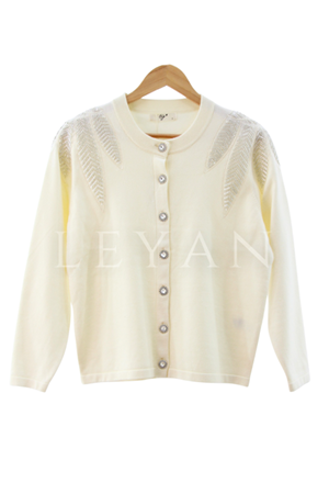 Tığ Triko Omuzları Taşlı Hırka- LYN04092 Ekru