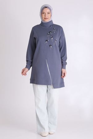 Behrem Taş İşlemeli Tunik- LYN04113 Duman Mavi