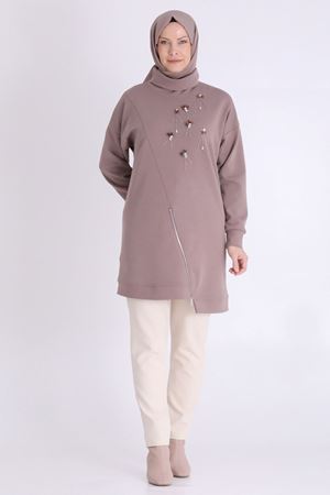 Behrem Taş İşlemeli Tunik- LYN04113 Kestane