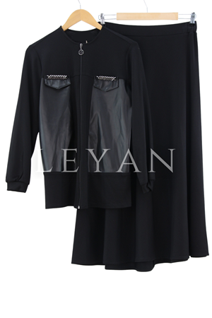 Zincir Detaylı Derili Etekli Takım- LYN01764 Siyah