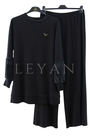 Orhan Store Kolu Kürk Detaylı Takım- LYN02896 Siyah