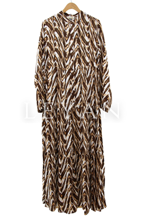 Düğme Detaylı Zebra Desen Elbise- LYN02716 Kahve