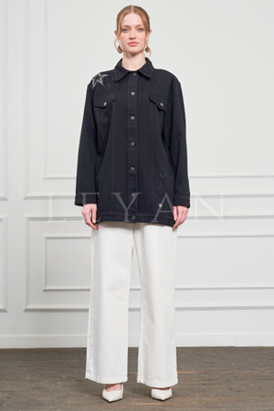 Nuss Taşlı Kot Ceket- LYN03577 Siyah