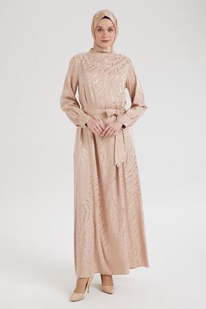 Armine Trend Beli Kuşaklı Dijital Baskılı Elbise- LYN03712 Vizon