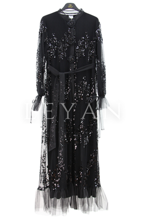 Orhan Store Payetli Pilise Abaya Takım- LYN03839 Siyah