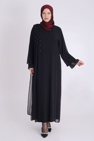 Behrem Şifon Taşlı Abiye Elbise- LYN03754 Siyah