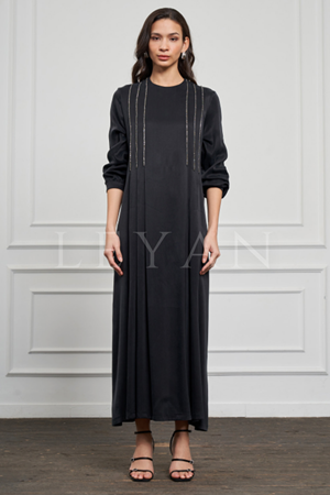 Nuss Taş İşleme Qupra Elbise- LYN03586 Siyah