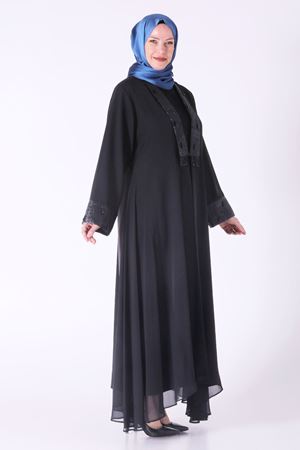 Taş Detaylı Abaya Takım- LYN03824 Siyah