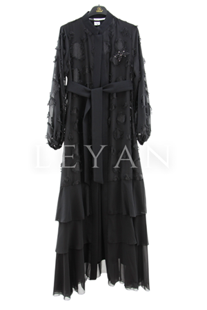 Orhan Store Yakma Puantiye Detaylı Abaya Takım- LYN03817 Siyah