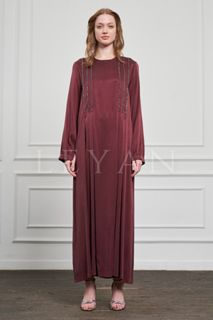 Nuss Taş İşleme Qupra Elbise- LYN03586 Bordo