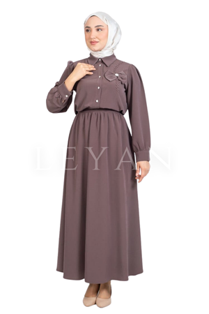 İnci Detaylı Etekli Takım- LYN03812 Kahve