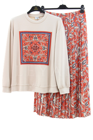 Orhan Store Desenli Etekli Takım- LYN03336 Bej
