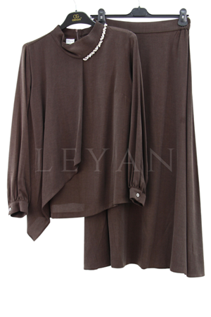 Orhan Store Yakası Taşlı Etekli Takım- LYN03415 Kahve