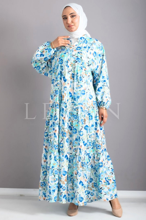 V Yaka Detaylı Çiçekli Elbise- LYN03809 Mavi