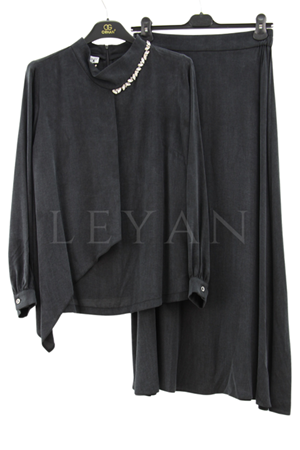 Orhan Store Yakası Taşlı Etekli Takım- LYN03415 Siyah