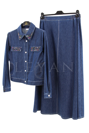 Orhan Store Renkli Taşlı Kot Takım- LYN03606 Mavi