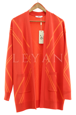 Tığ Triko Cepli Verev Çizgili Hırka- LYN03534 Oranj