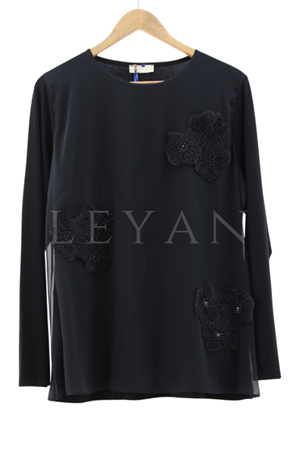 Çiçek Detaylı Şifonlu Bluz- LYN03844 Siyah