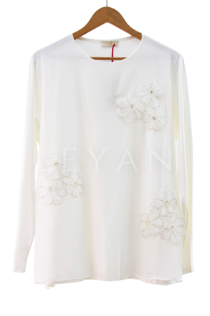 Çiçek Detaylı Şifonlu Bluz- LYN03844 Ekru