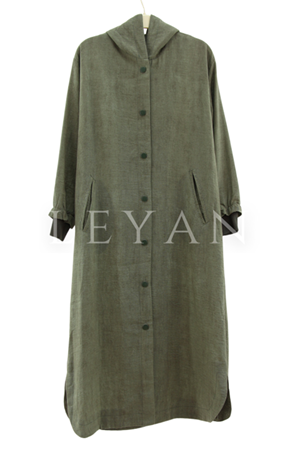 Kapşonlu Keten Kap- LYN03659 Yeşil